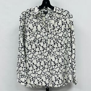 Talbots Nantucket Women Button Down Blouse Shirt Size M Petite Black White Heart